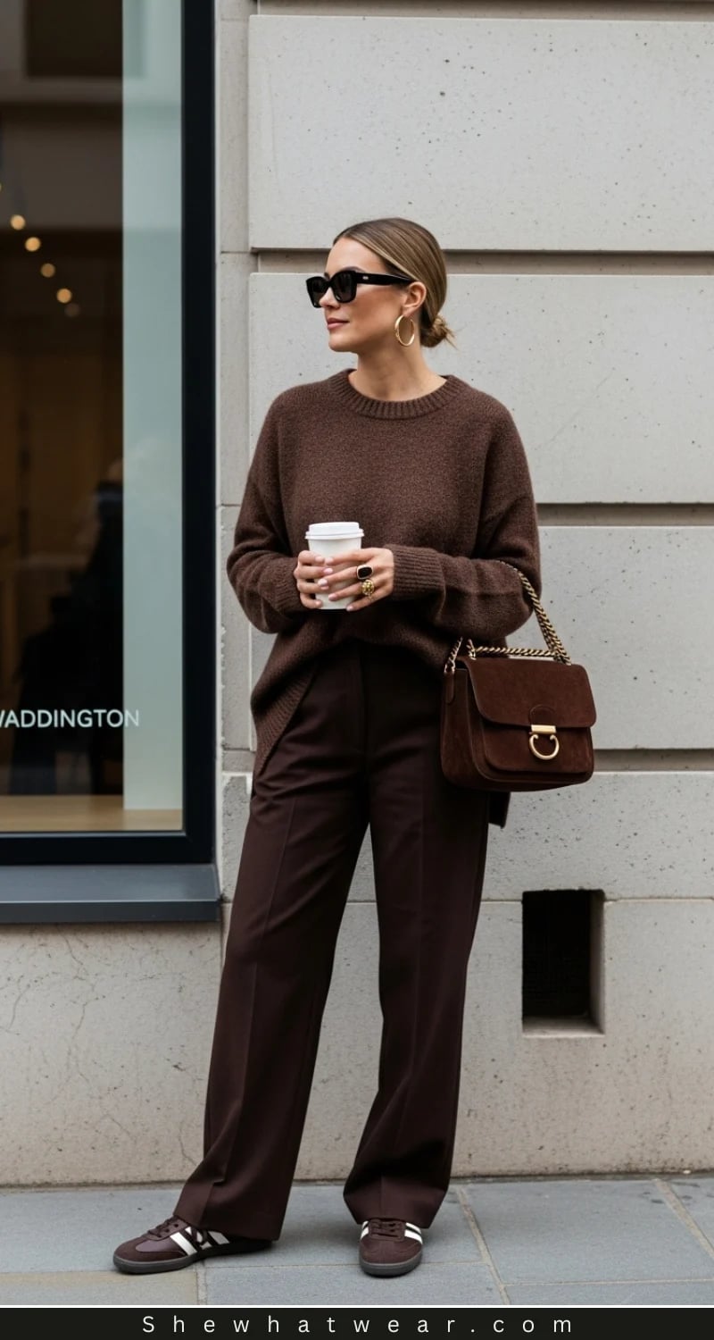 Oversized Chunky Knit Brown Sweater with Wide-Leg Trousers — Trendy Brown Sweater Outfit