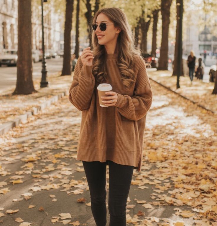Oversized Brown Knit Sweater with Black Leggings — Trendy Brown Sweater Outfit
