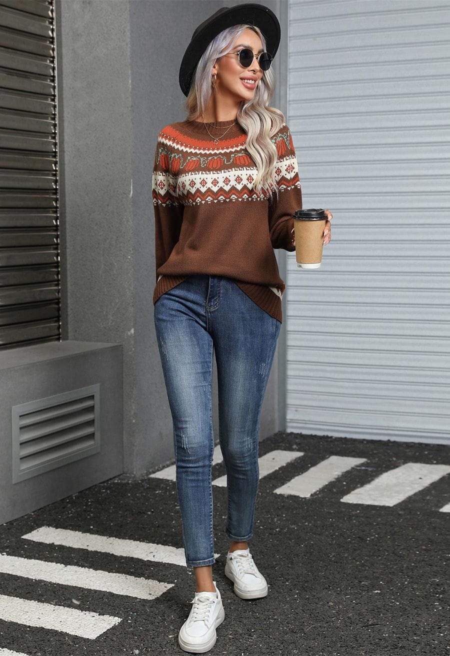 Brown Fair Isle Knit Sweater with Blue Jeans — Trendy Brown Sweater Outfit