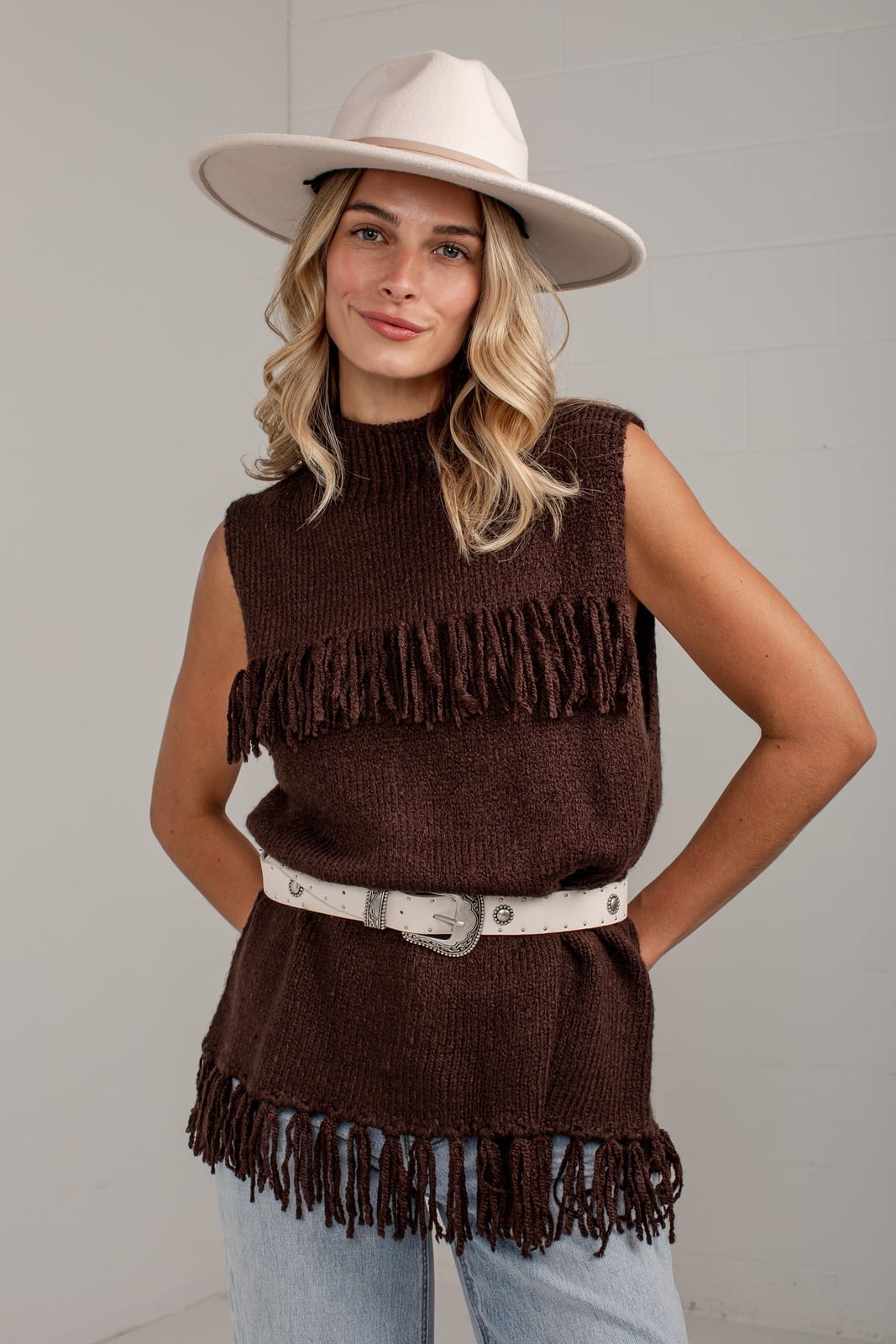 Brown Sleeveless Knit Sweater with Fringe — Trendy Brown Sweater Outfit