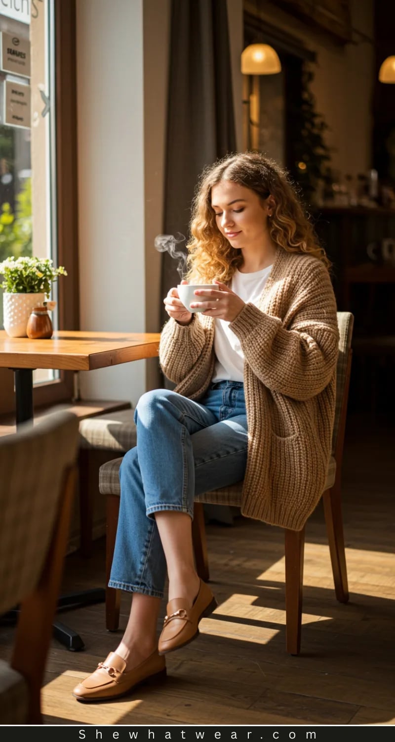 Beige Chunky Knit Cardigan with White T-Shirt and Jeans, Close-Up Take — Trendy Brown Sweater Outfit