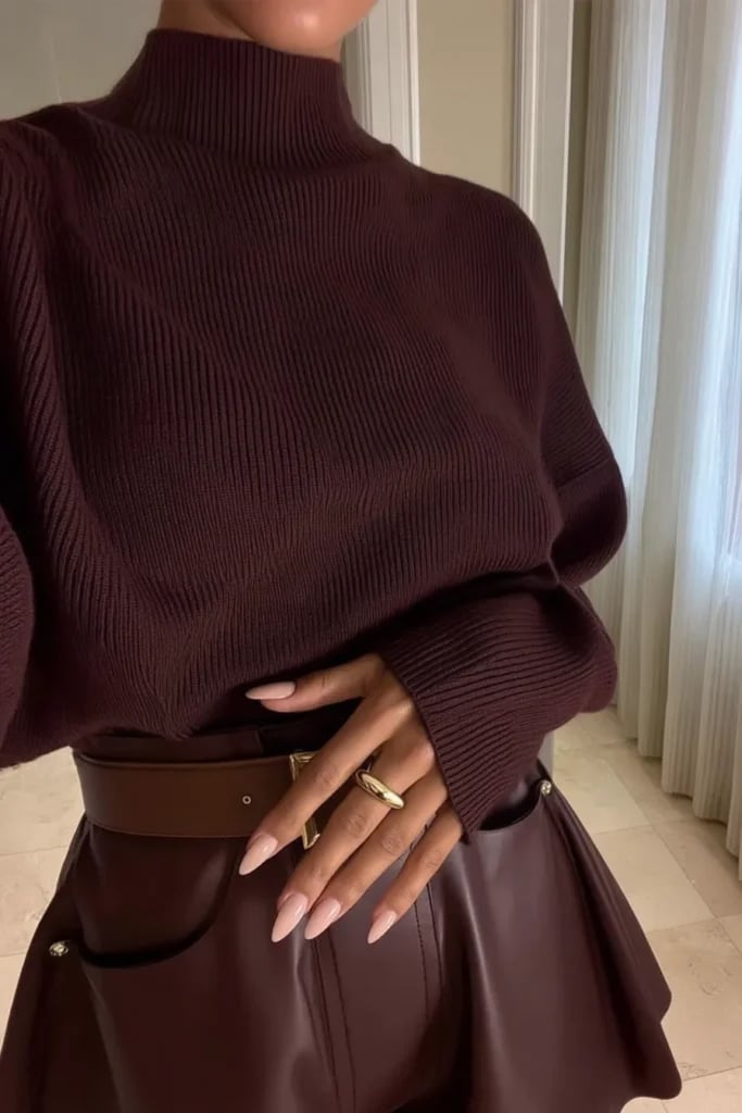 Deep Brown Ribbed Knit Turtleneck Sweater Detail — Trendy Brown Sweater Outfit