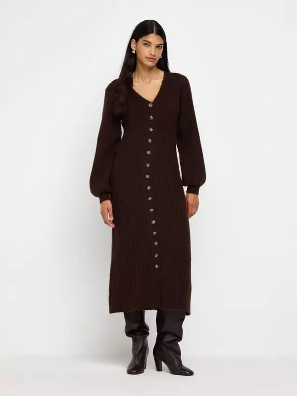 Brown Ribbed Knit Button-Down Sweater Dress — Trendy Brown Sweater Outfit