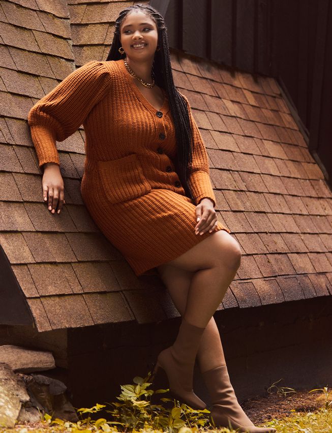 Burnt Orange Knit Sweater Dress with Puff Sleeves — Trendy Brown Sweater Outfit