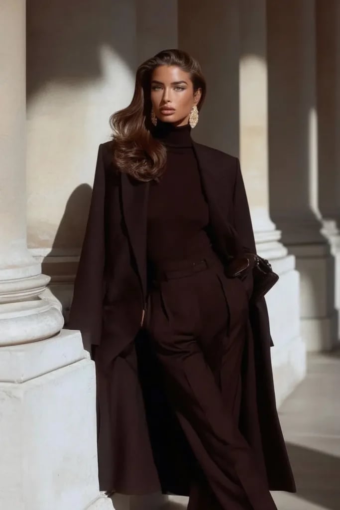 Monochromatic Brown Suit Jacket Over Turtleneck and Trousers — Trendy Brown Sweater Outfit