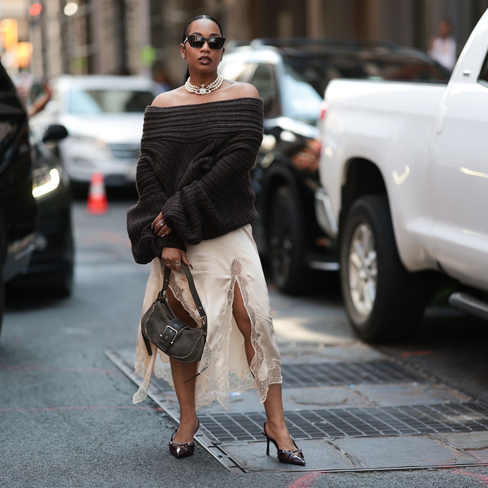 Off-the-shoulder Sweater Over a Satin Slip Dress — Trendy Brown Sweater Outfit