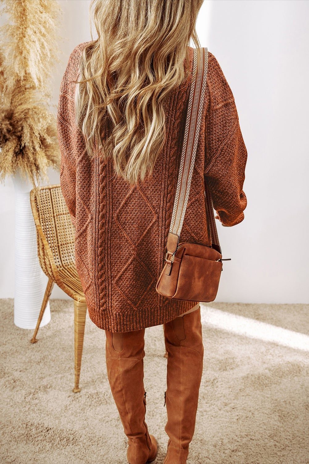 Oversized Brown Cable Knit Sweater Dress with Leggings — Trendy Brown Sweater Outfit