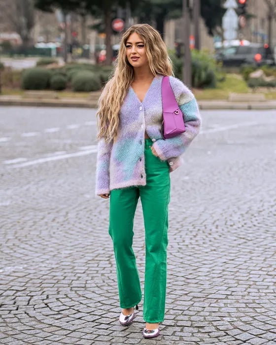 Fluffy Cardigan with Green Jeans — Trendy Brunch Outfits