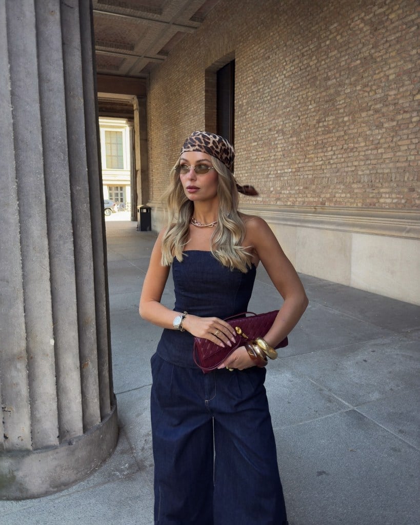 Denim Set with Leopard Print Accents — Trendy Brunch Outfits