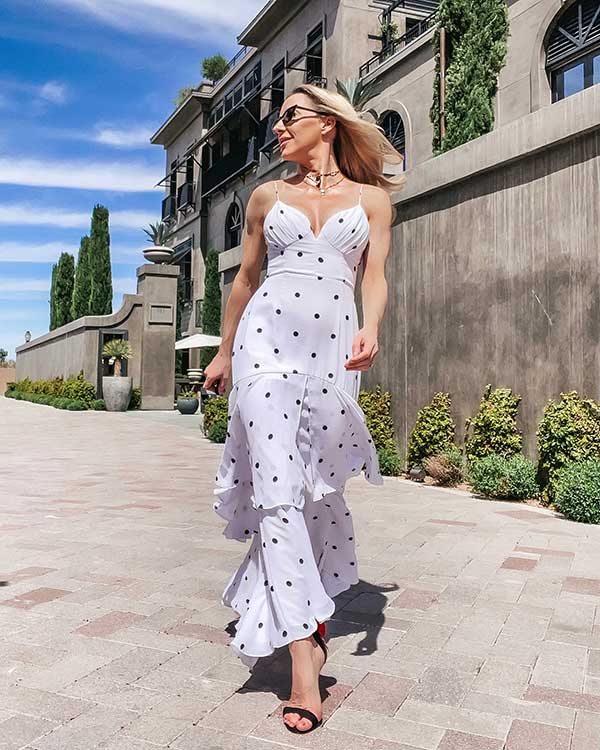 Polka Dot Midi Dress with Heeled Sandals — Trendy Brunch Outfits