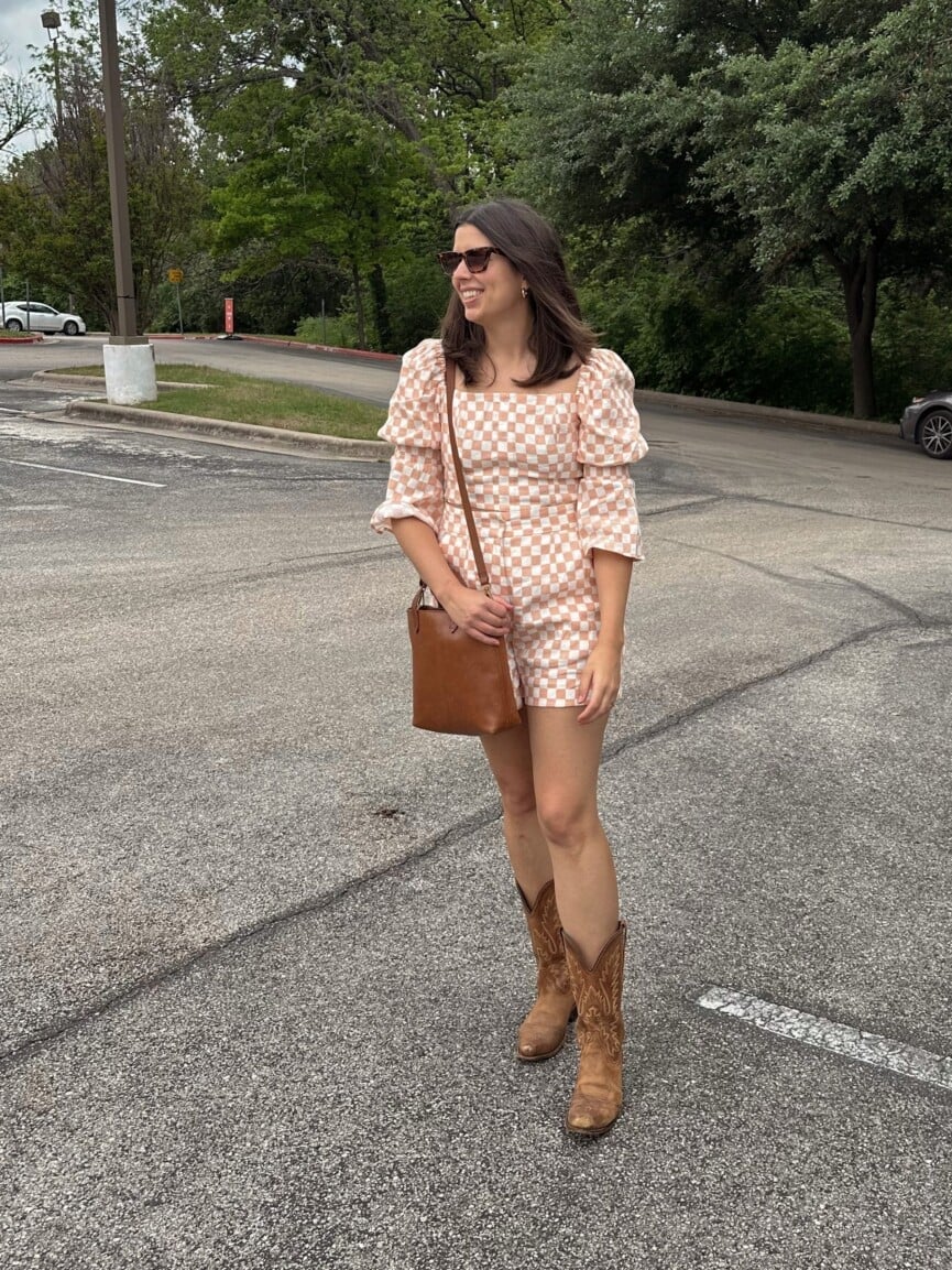 Gingham Romper with Cowboy Boots — Trendy Brunch Outfits