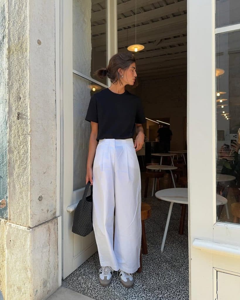 Linen Trousers and Tucked T-Shirt Ensemble — Trendy Brunch Outfits