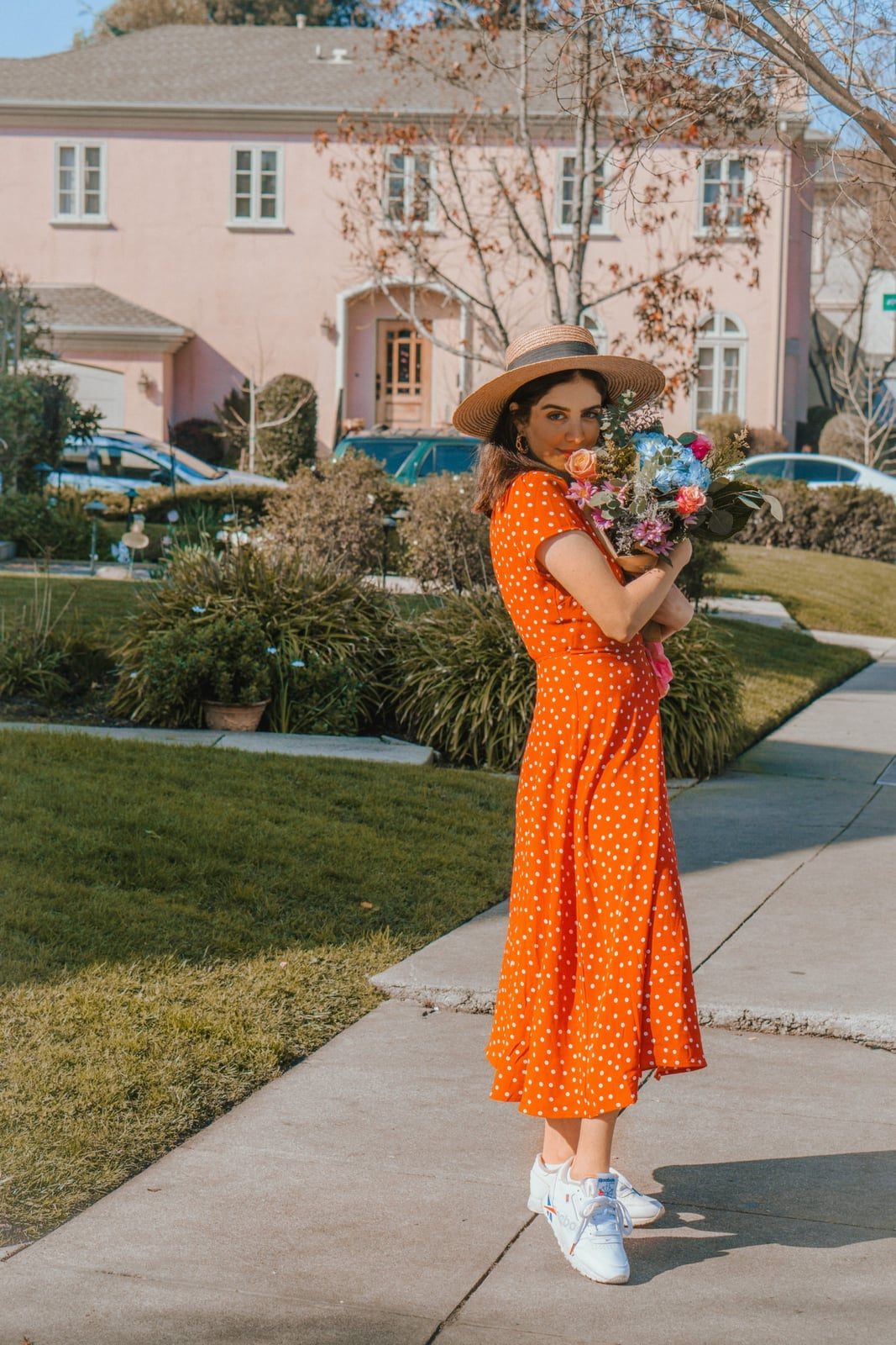 Polka Dot Dress and Sneaker Pairing — Trendy Brunch Outfits