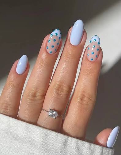 Light Blue Solid and Polka Dot Oval Nails — Trendy Builder Gel Nails