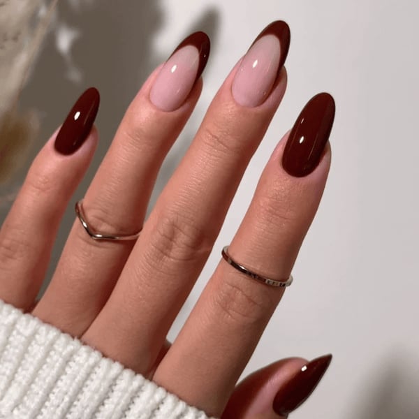 Sheer Pink Deep Brown French Tip Long Oval Nails — Trendy Builder Gel Nails