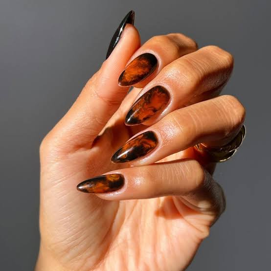 Dark Brown Amber Black Cat-Eye Long Almond Nails — Trendy Builder Gel Nails