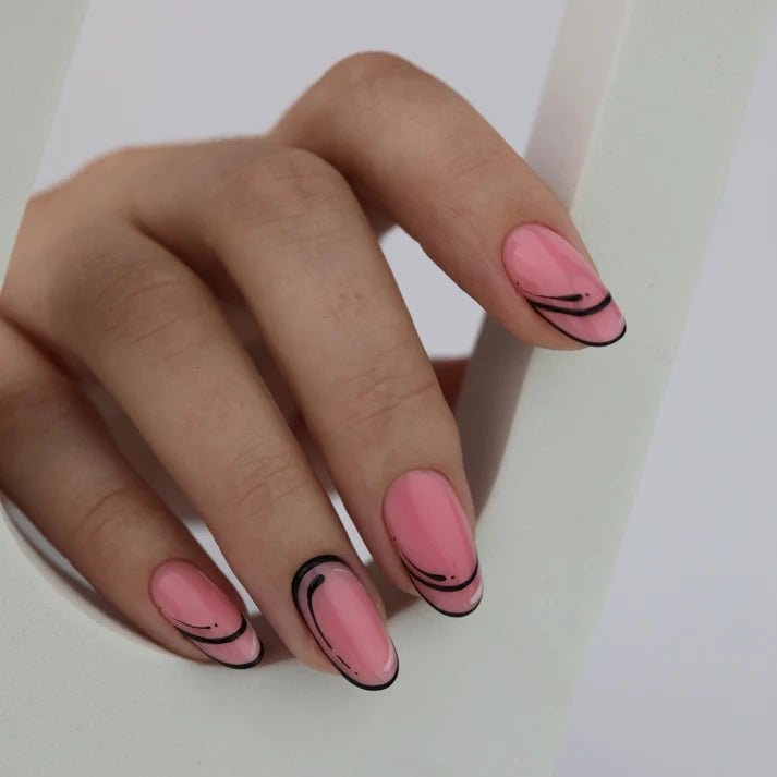 Bright Pink Black Outline Medium Oval Nails — Trendy Builder Gel Nails