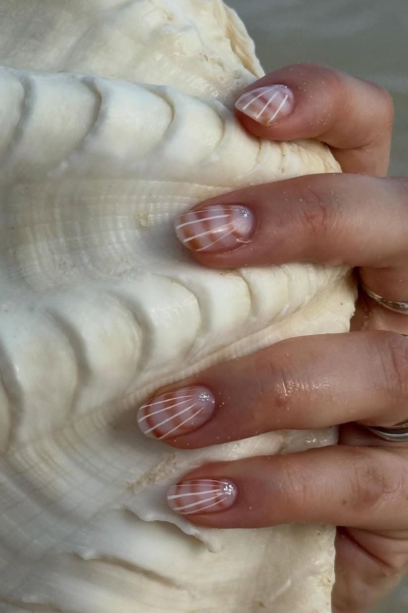 Nude Base White Line Art Short Square Nails — Trendy Builder Gel Nails