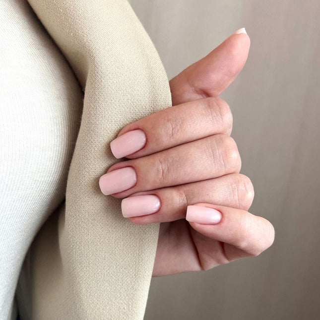 Milky Pink Minimal Line Art Short Almond Nails — Trendy Builder Gel Nails