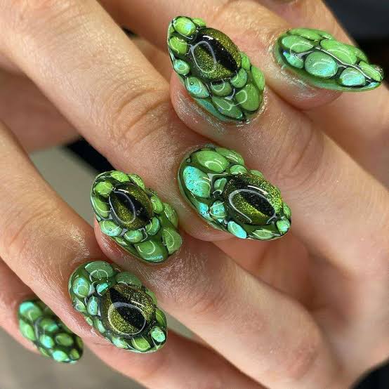 Iridescent Green 3D Scale Short Almond Nails — Trendy Builder Gel Nails