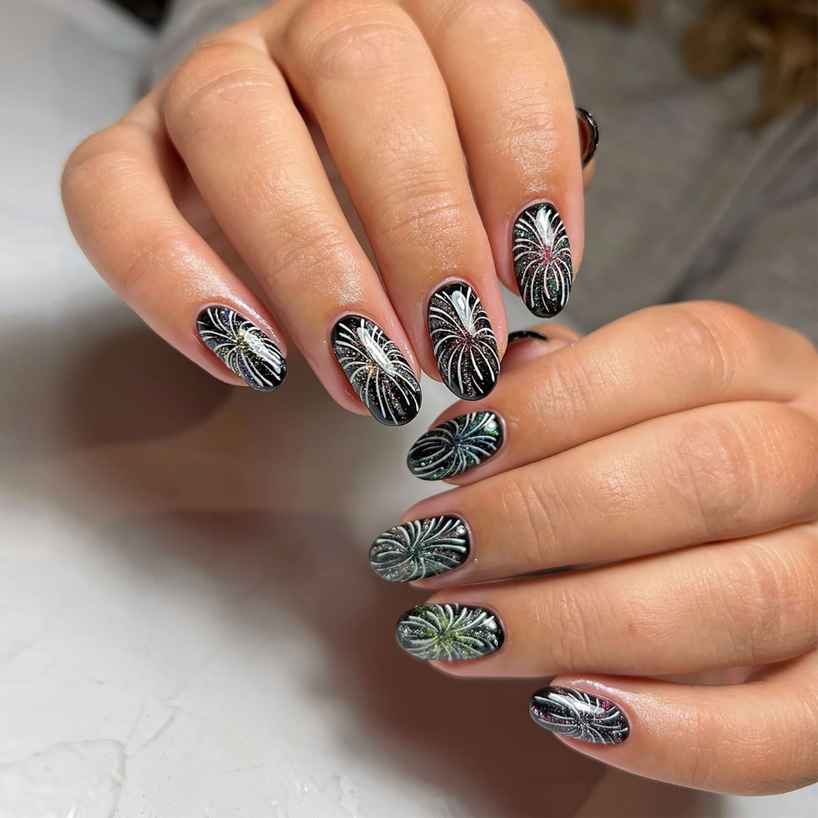 Black Firework Glitter Short Oval Nails — Trendy Builder Gel Nails