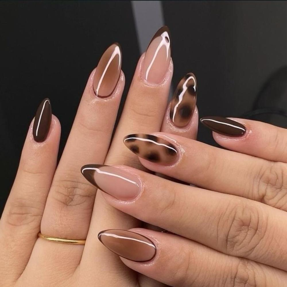 Nude Leopard Print French Tip Long Almond Nails — Trendy Builder Gel Nails