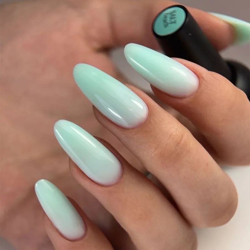 Light Milky Blue Long Almond Nails — Trendy Builder Gel Nails