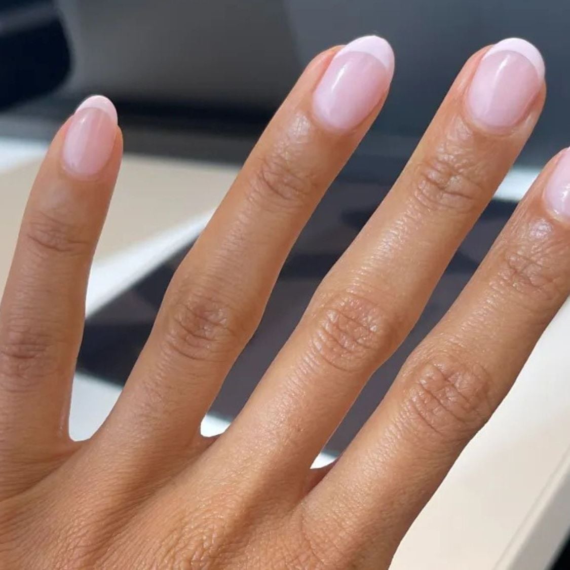 Milky Pink White French Tip Short Almond Nails — Trendy Builder Gel Nails