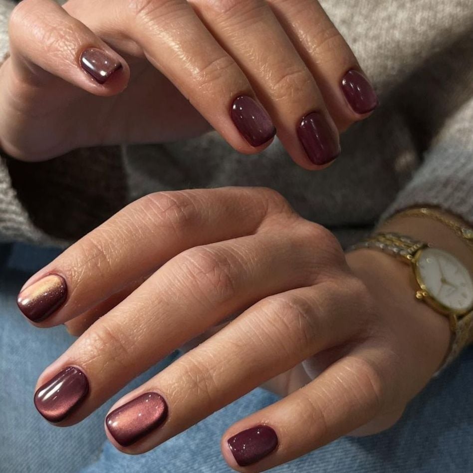 Deep Plum Cat-Eye Short Square Nails — Trendy Builder Gel Nails