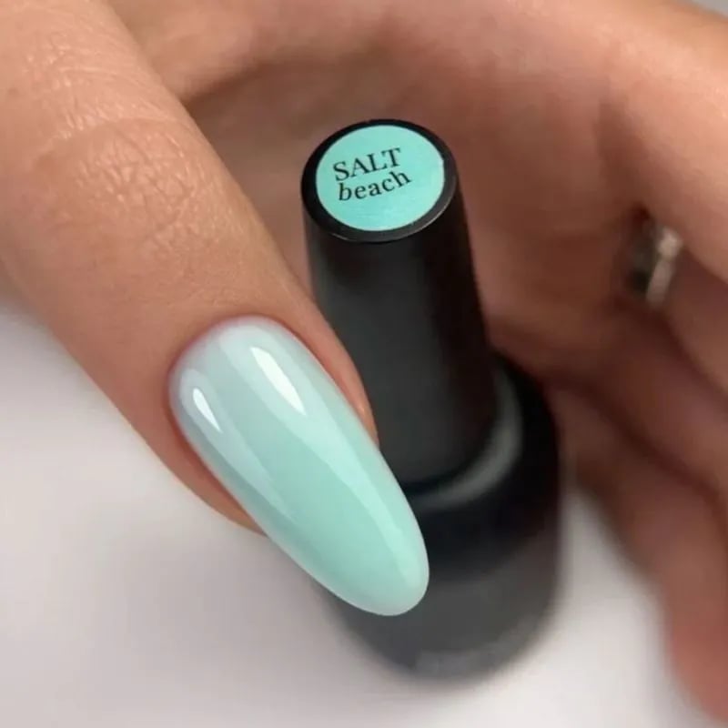 Light Milky Blue Long Almond Nails With Full Color Coverage — Trendy Builder Gel Nails