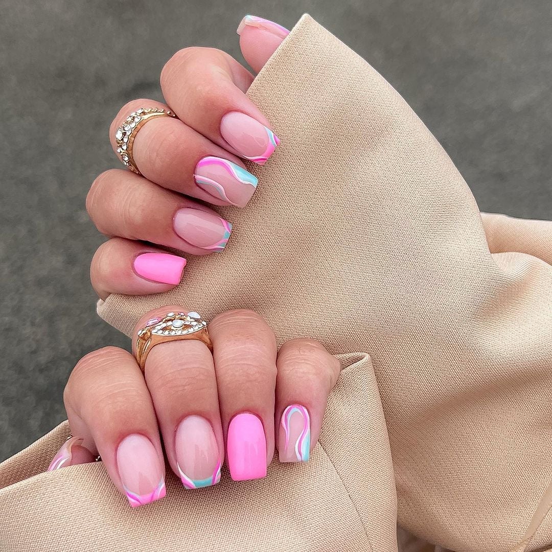 Nude French Tip Wavy Line Short Square Nails — Trendy Builder Gel Nails