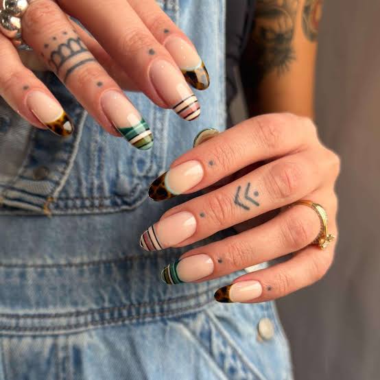 Sheer Nude Tortoise Shell Line Art French Almond Nails — Trendy Builder Gel Nails