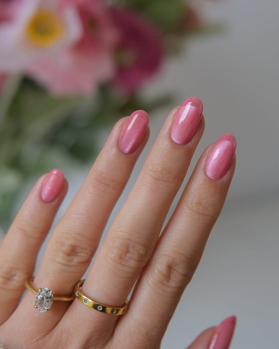 Shimmering Pink Short Almond Nails — Trendy Builder Gel Nails