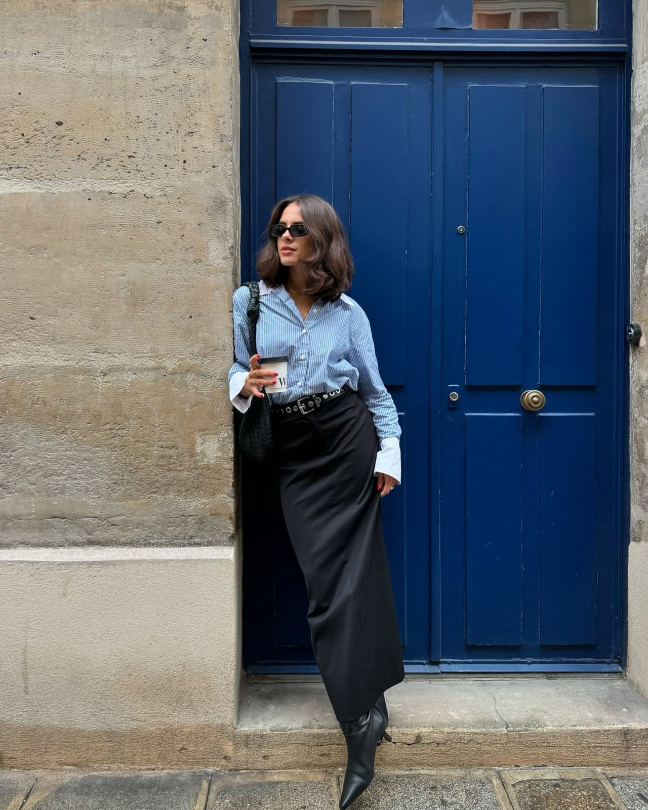 Striped Button-Down Shirt with Black Satin Midi Skirt, Blue Striped Button-Down Shirt with Black Satin Midi Skirt, Blue — Trendy Business Professional Outfits
