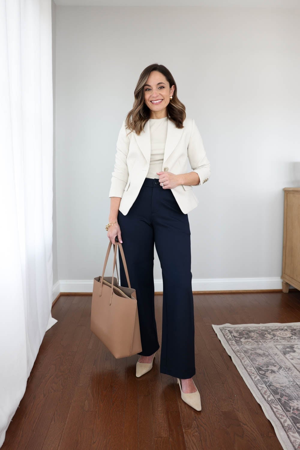 Cream Knit Top, Blazer, and Wide-Leg Navy Trousers Cream Knit Top, Blazer, and Wide-Leg Navy Trousers — Trendy Business Professional Outfits