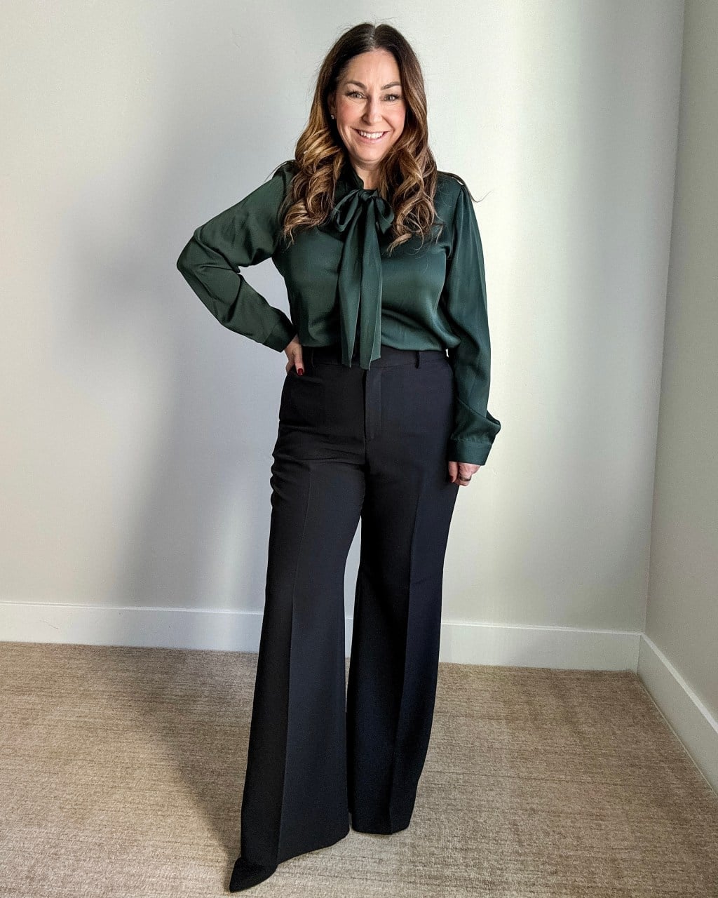 Dark Green Pussy Bow Blouse with Wide-Leg Trousers Dark Green Pussy Bow Blouse with Wide-Leg Trousers — Trendy Business Professional Outfits