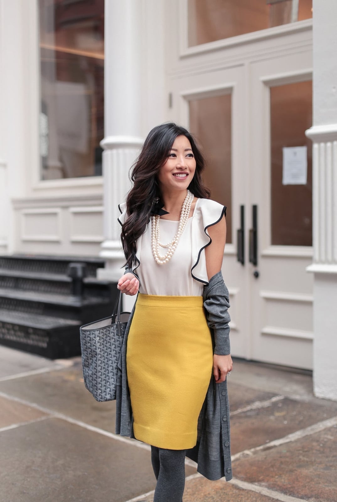 White Ruffled Top with Yellow Pencil Skirt and Grey Cardigan White Ruffled Top with Yellow Pencil Skirt and Grey Cardigan — Trendy Business Professional Outfits