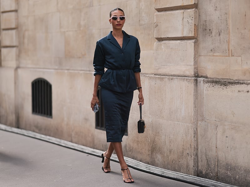 Dark Navy Belted Blazer and Midi Skirt Set Dark Navy Belted Blazer and Midi Skirt Set — Trendy Business Professional Outfits