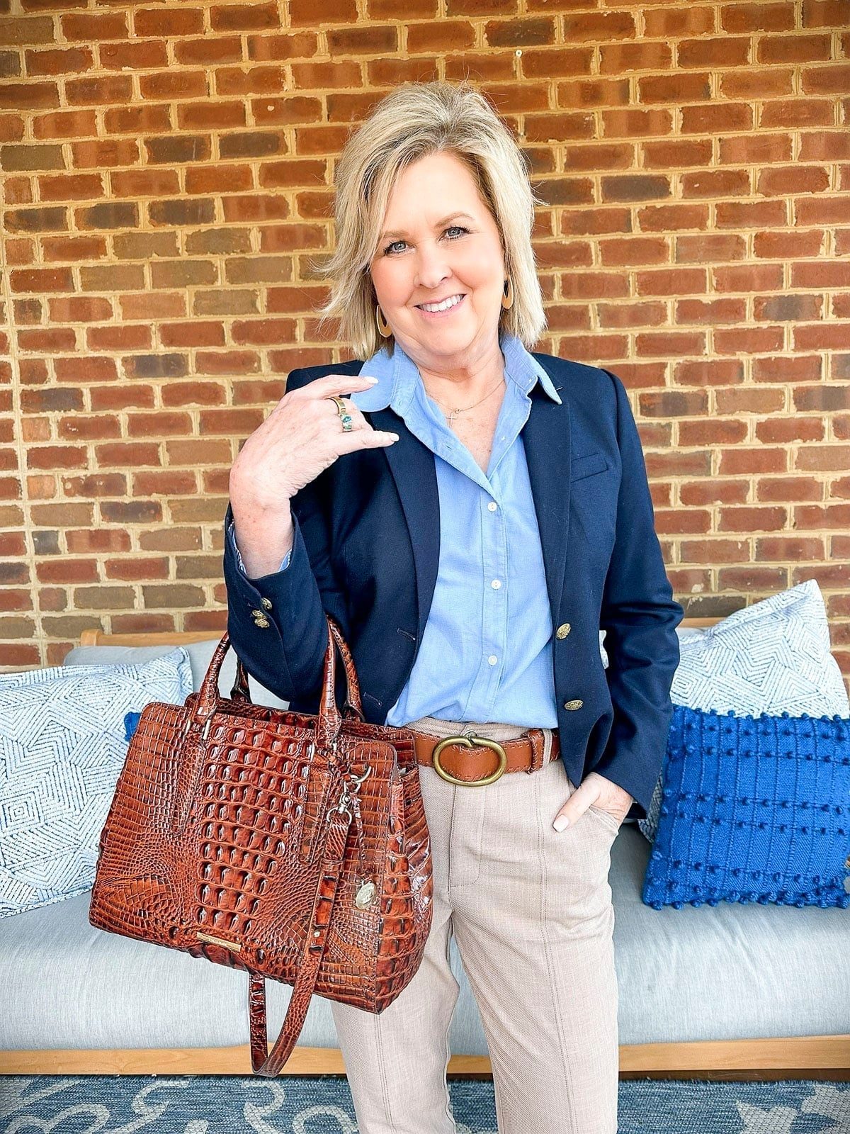 Light Blue Shirt, Navy Blazer, and Beige Twill Trousers Light Blue Shirt, Navy Blazer, and Beige Twill Trousers — Trendy Business Professional Outfits