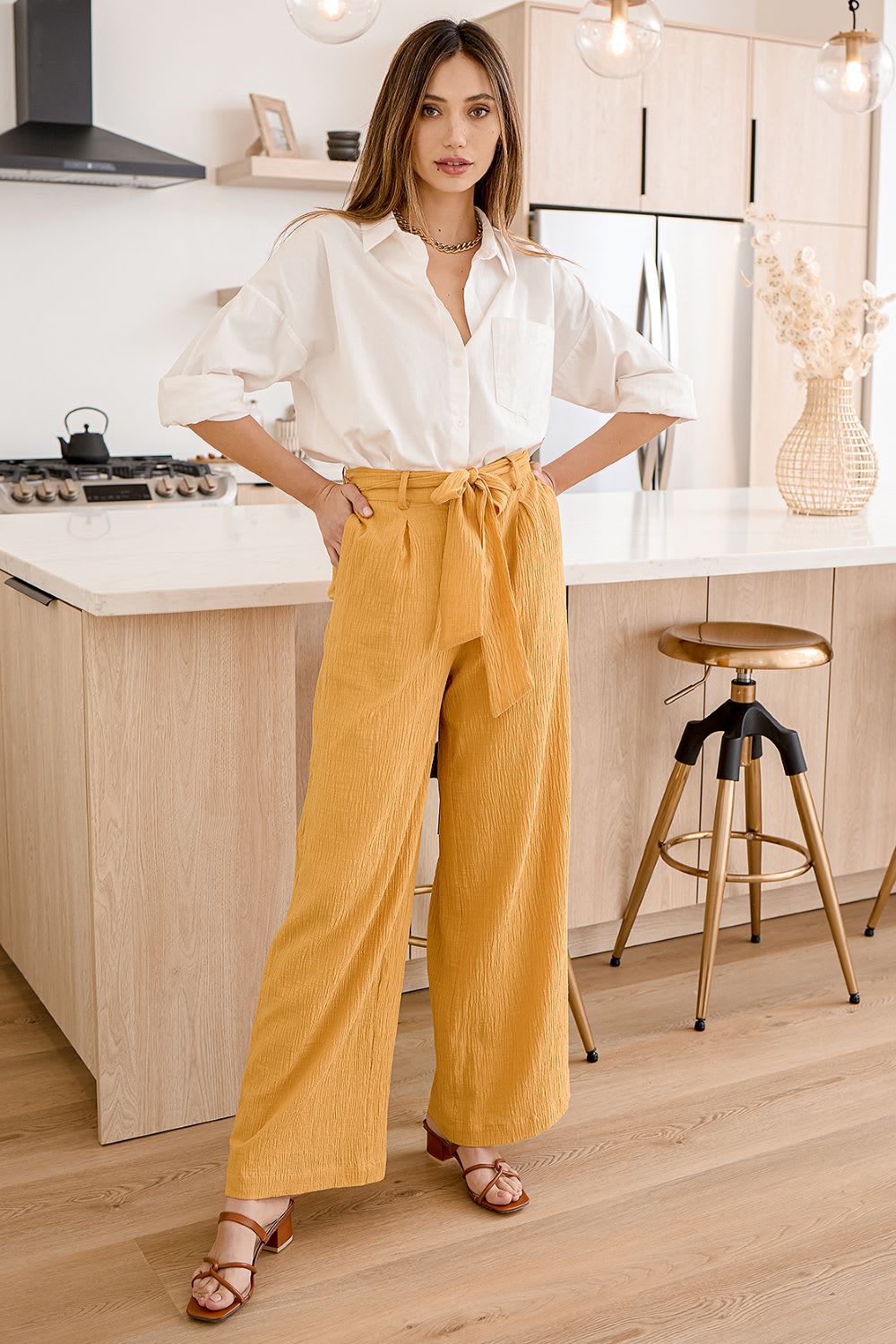 White Button-Up Shirt with Yellow Tie-Waist Trousers White Button-Up Shirt with Yellow Tie-Waist Trousers — Trendy Business Professional Outfits