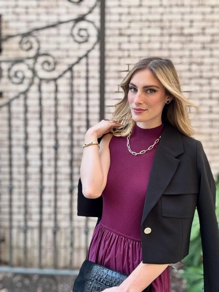 Black Blazer Over Purple Knit Dress With Gold Jewelry — Trendy Casual Dinner Outfit