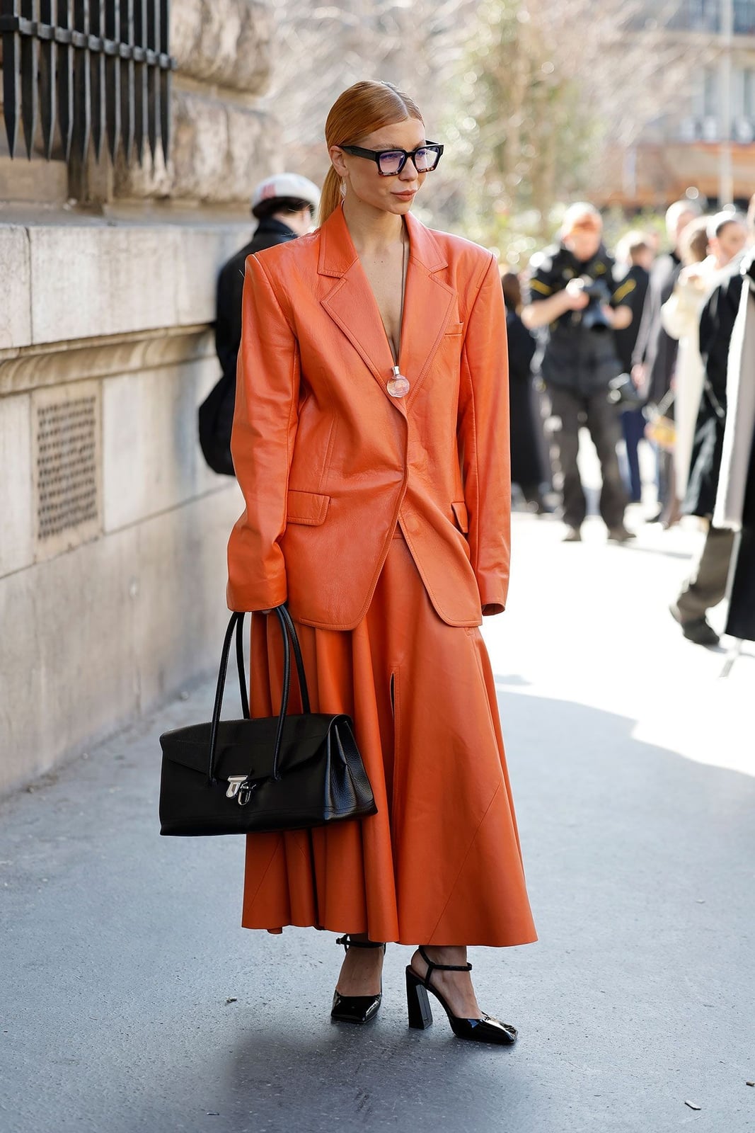 Vibrant Orange Blazer And Midi Skirt Set — Trendy Casual Dinner Outfit