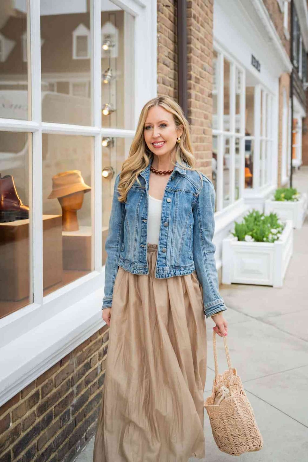 Denim Jacket With Beige Maxi Skirt And Beaded Necklace — Trendy Casual Dinner Outfit