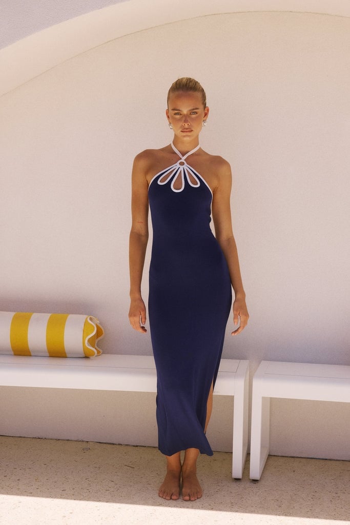 Navy Halter Neck Knit Dress With Hoop Earrings — Trendy Casual Dinner Outfit