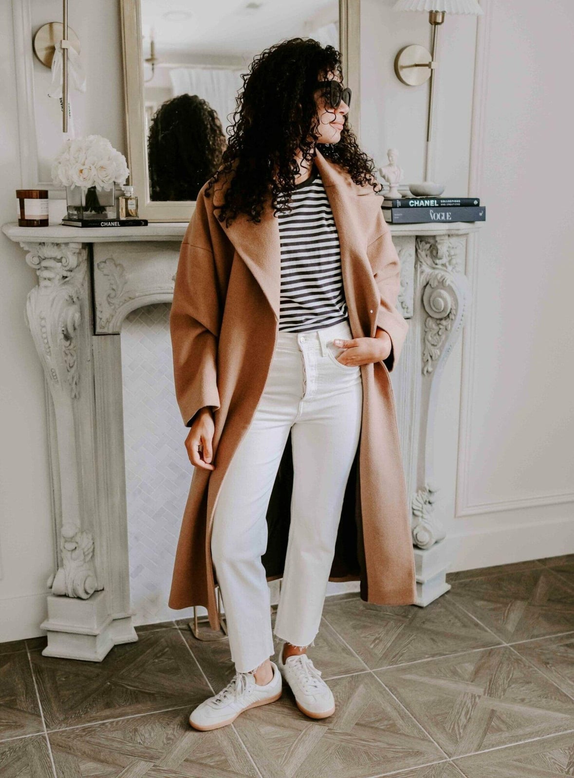 Camel Coat Over Striped T-Shirt And White Jeans — Trendy Casual Dinner Outfit