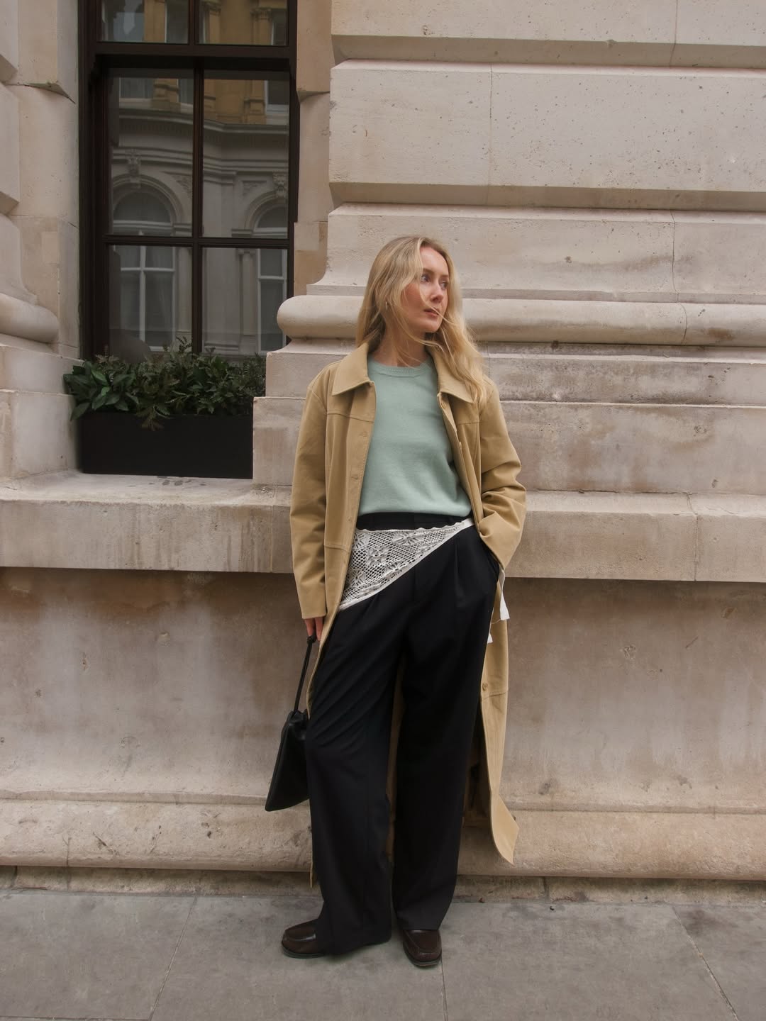 Mint Green Sweater With Beige Trench Coat And Wide-Leg Trousers — Trendy Casual Dinner Outfit