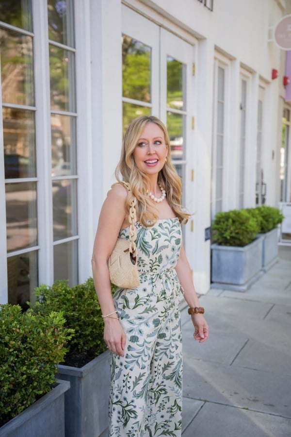 Cream Jumpsuit With Green Floral Print And Wedge Sandals — Trendy Casual Dinner Outfit