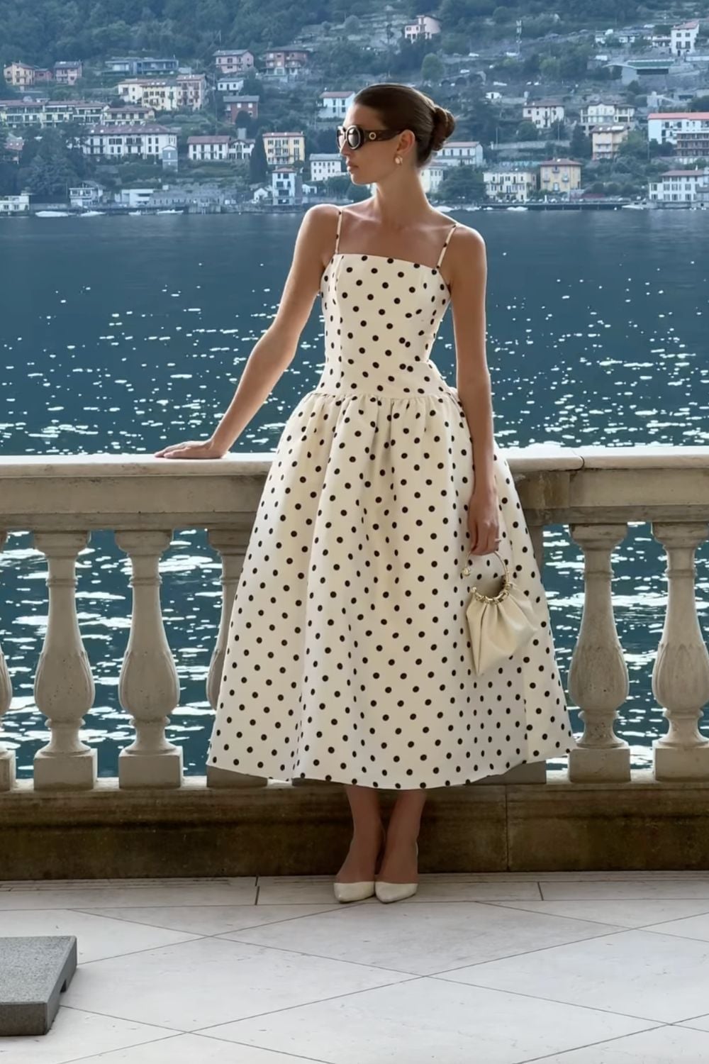 White Polka Dot Midi Dress With Pointed Pumps — Trendy Casual Dinner Outfit