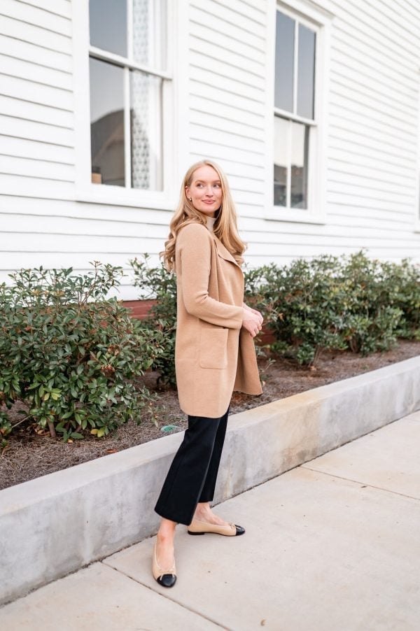 Cream Turtleneck With Black Pants And Longline Cardigan — Trendy Casual Dinner Outfit