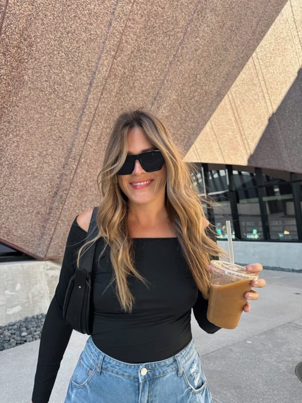 Black Off-Shoulder Top With Wide-Leg Jeans — Trendy Casual Dinner Outfit